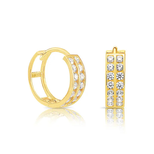 14K Yellow Gold Huggie Hoop Earring with Double Row Cz